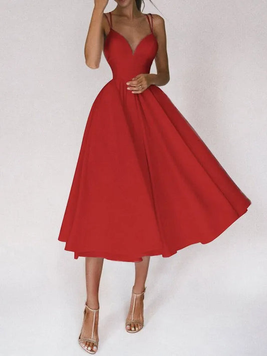Women Plain V Neck Gallus Comfy Casual Midi Dress