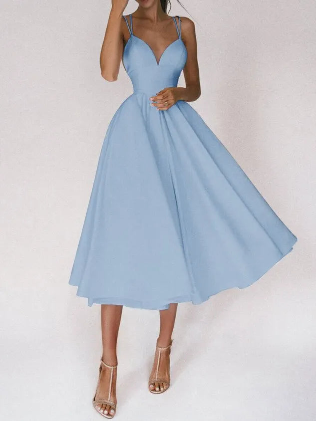 Women Plain V Neck Gallus Comfy Casual Midi Dress