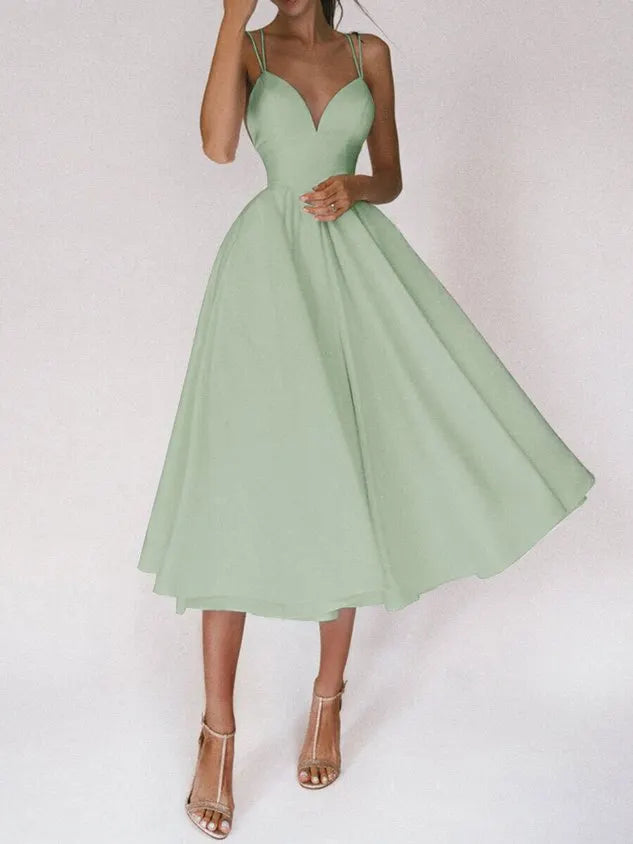 Women Plain V Neck Gallus Comfy Casual Midi Dress