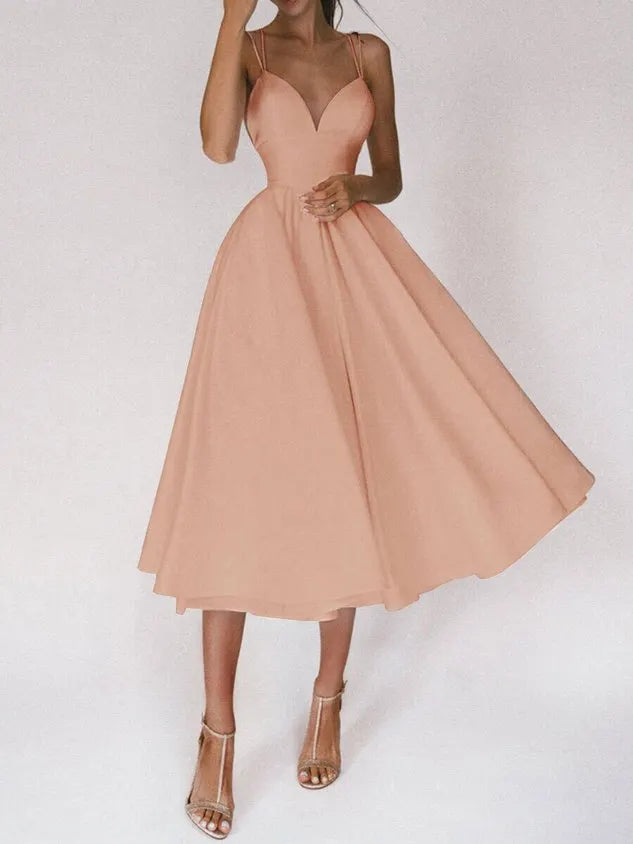 Women Plain V Neck Gallus Comfy Casual Midi Dress