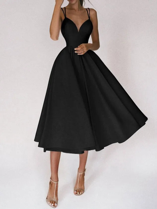 Women Plain V Neck Gallus Comfy Casual Midi Dress